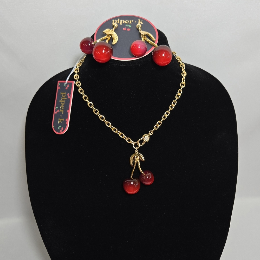Piper K Set Cherry Chain Necklace And Cherry Earrings #1011